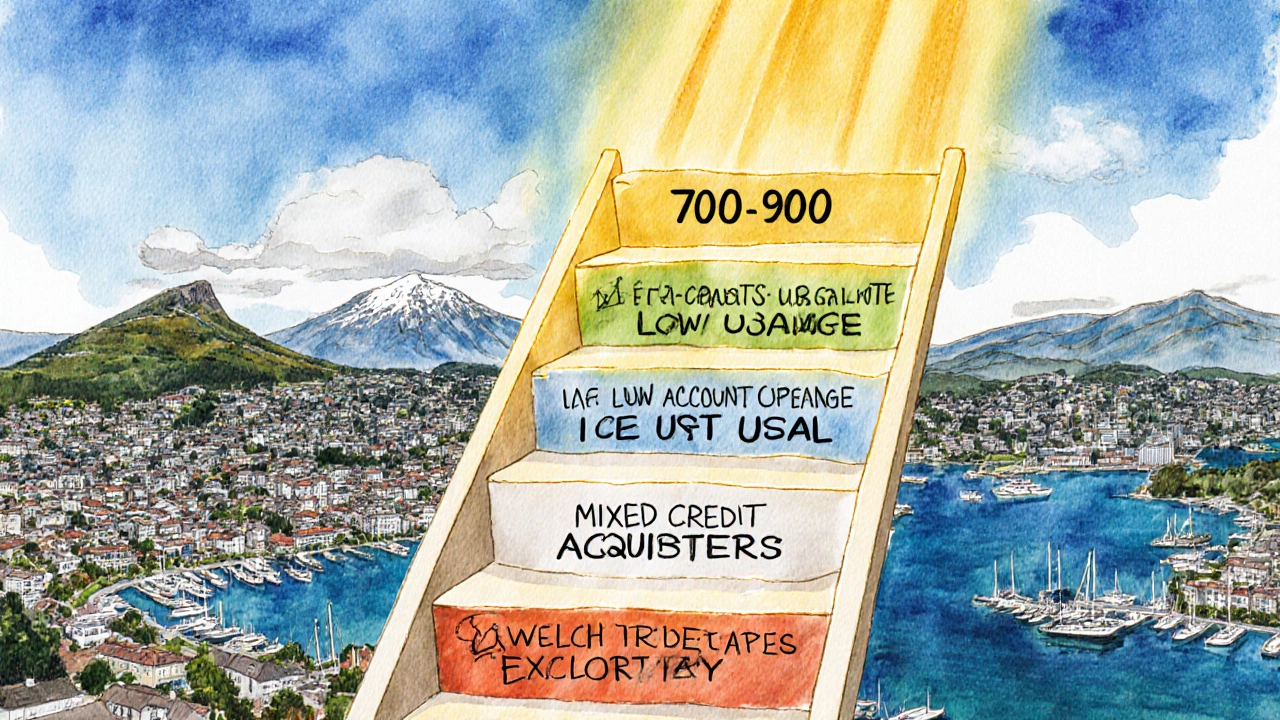 A glowing ladder rising from 700 to 900 credit score, with habits as steps, set against New Zealand cityscapes.
