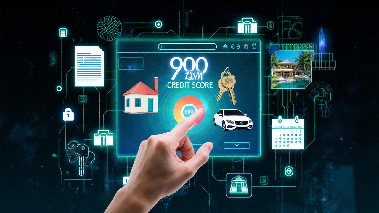 A hand pulling keys from a digital property portal, with a 900 credit score shining behind it.