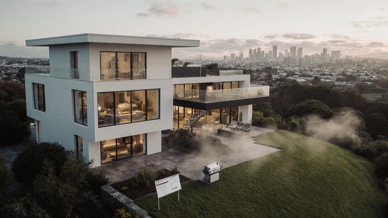 Aerial view of a modern villa on a hilly section with city in distance