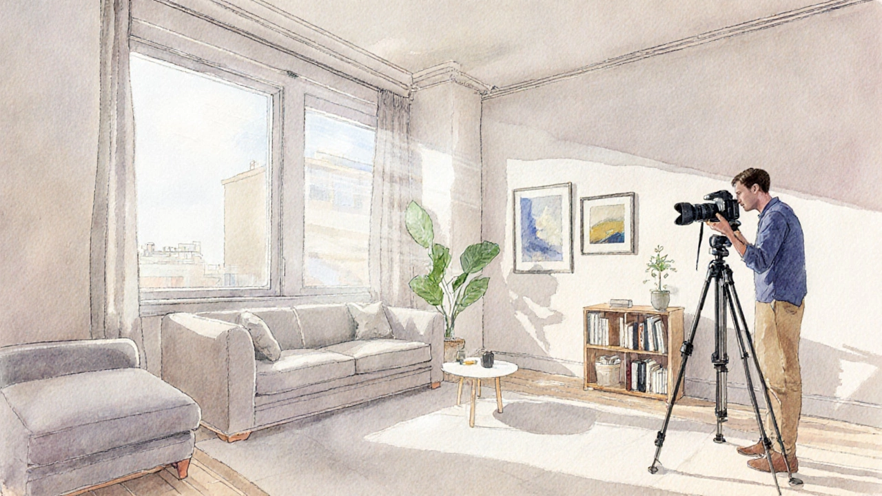 Bright living room of a flat being photographed, sunlight streaming through windows.