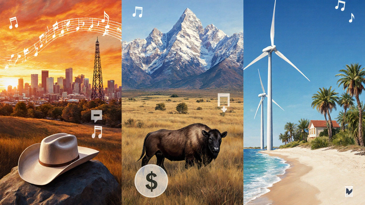 Collage of scenes from Tennessee, Texas, Wyoming, South Dakota, and Florida with tax symbols.