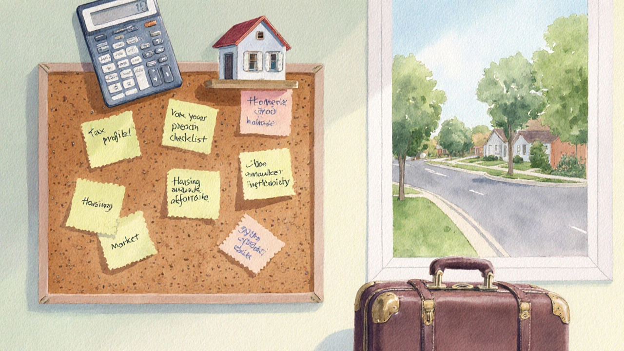 Corkboard checklist with calculator, house model, and suitcase for moving plans.