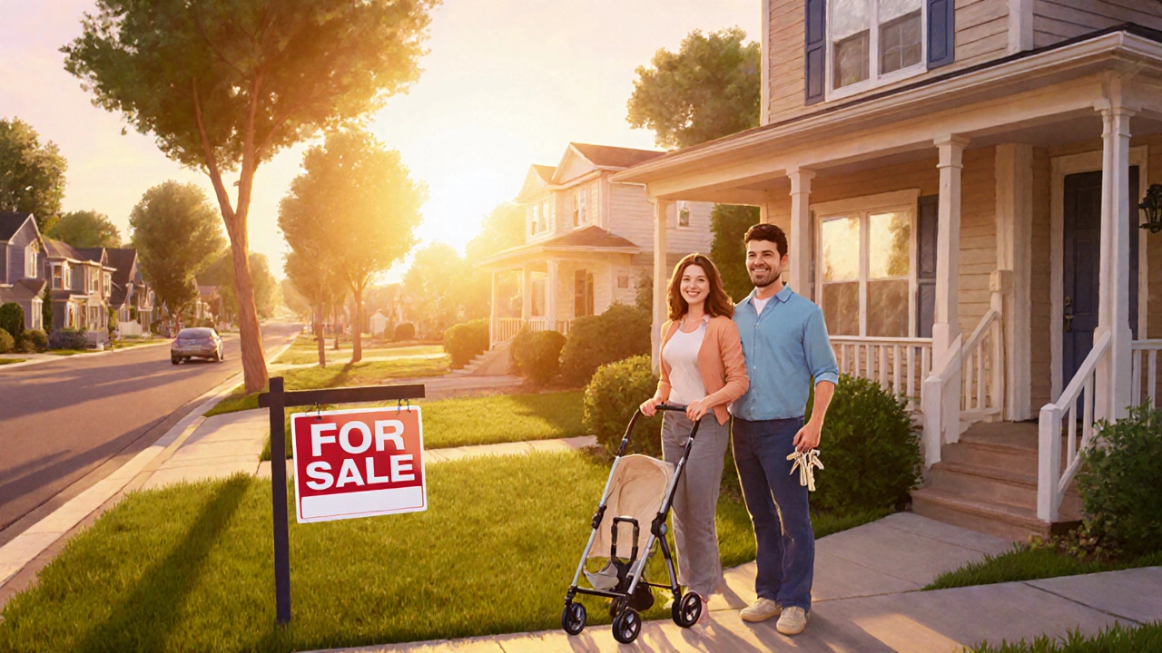 Couple in their 30s with a stroller standing by a suburban home at sunset.