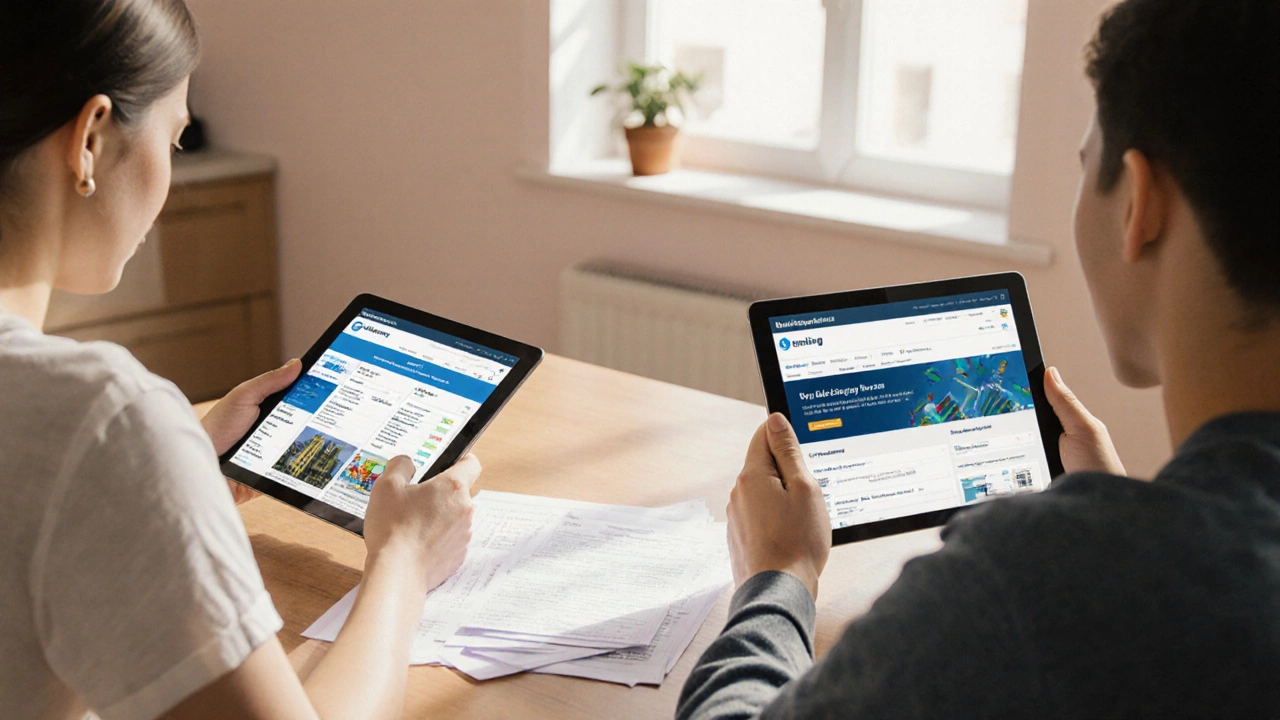 Couple reviewing state housing portals on tablets with organized documents on a table.