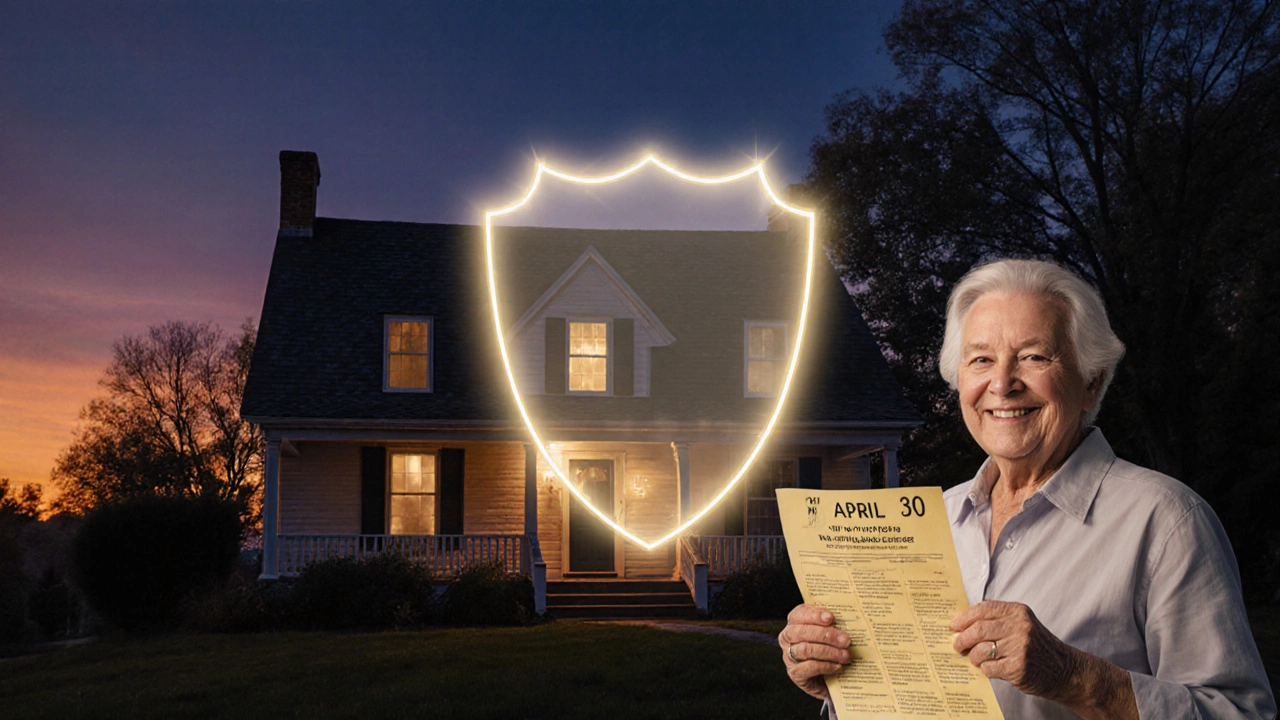 Cozy farmhouse with shield light, senior holding reduced tax bill at dusk.