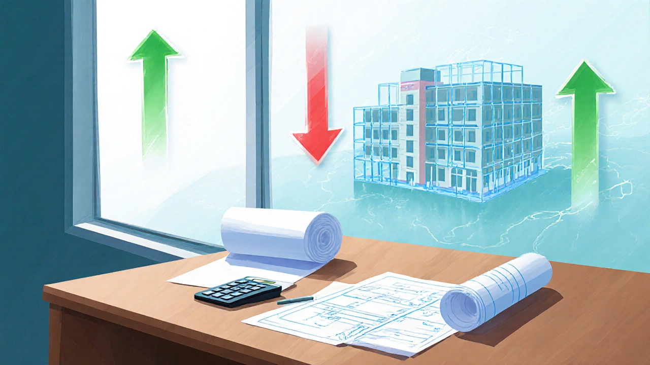 Desk with financial papers, calculator, and floating cash‑flow symbols.