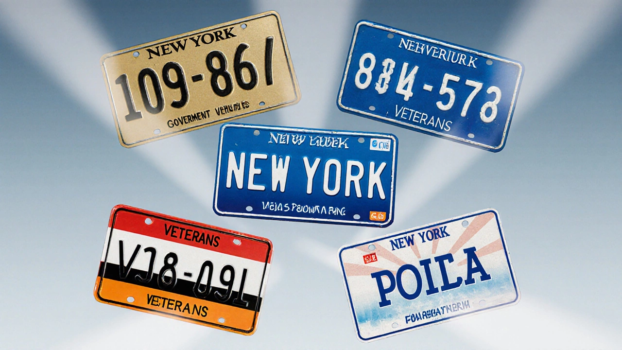 Five specialty New York license plates displayed together, each with unique colors and designs.