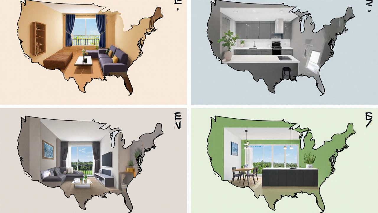 Four 2BHK interiors from India, UK, USA, and NZ shown side by side.