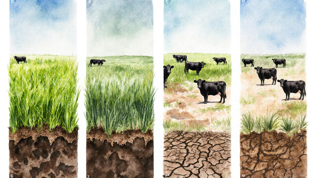 Four side‑by‑side fields showing different pasture qualities and corresponding cattle densities.