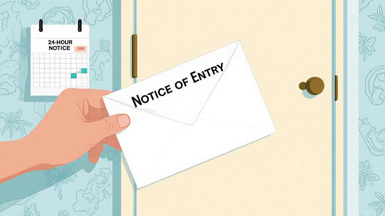 Hand placing a sealed notice envelope on an apartment door with a calendar showing 24‑hour reminder.