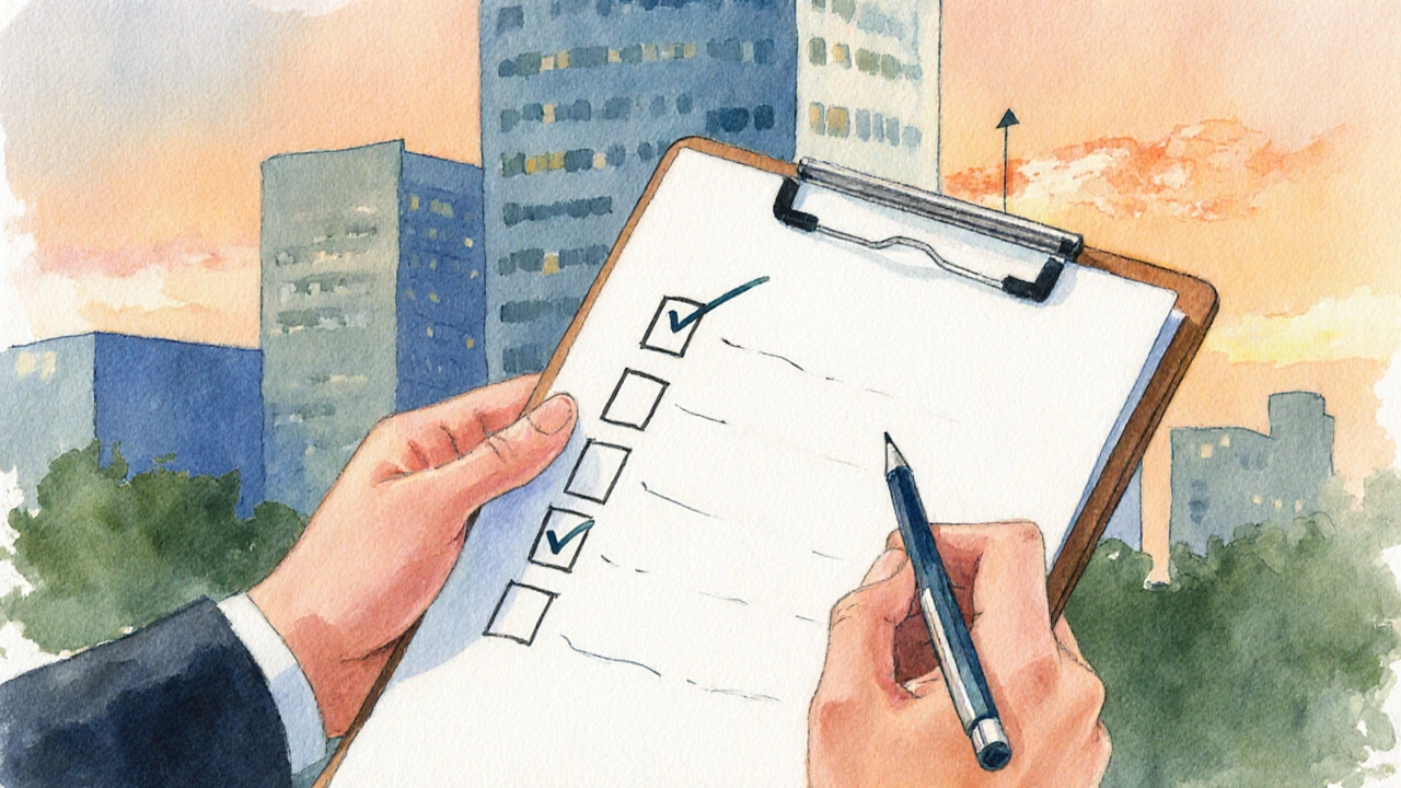 Hands with checklist in front of a sunrise‑lit office building.