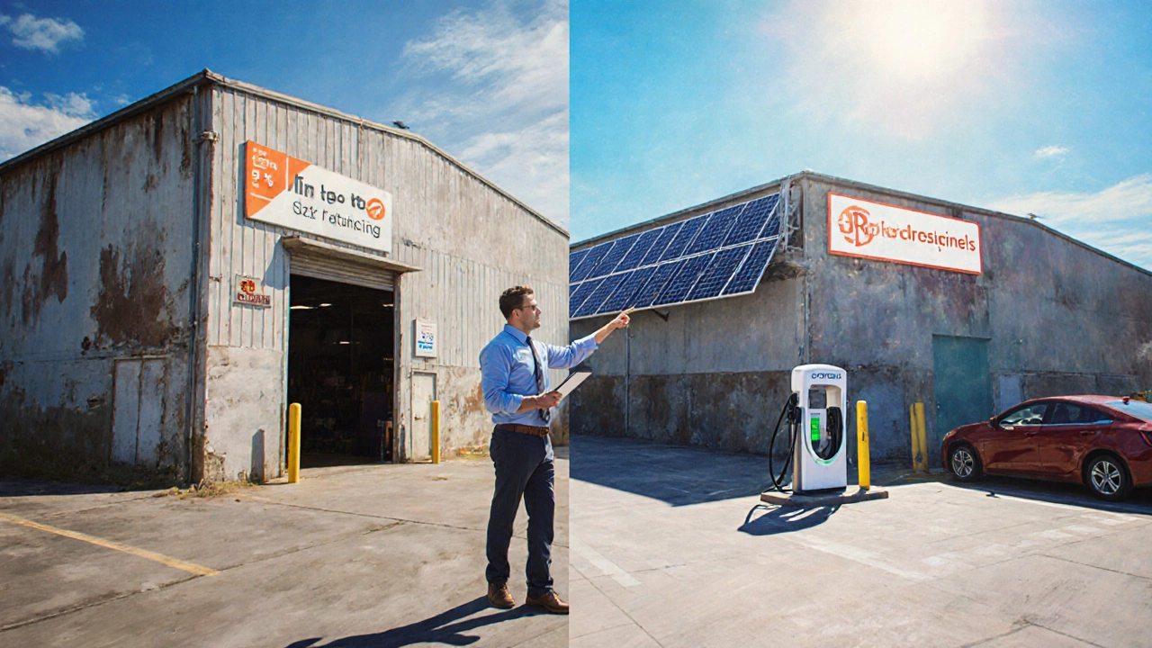 Investor inspecting upgraded warehouse with solar panels and EV chargers.