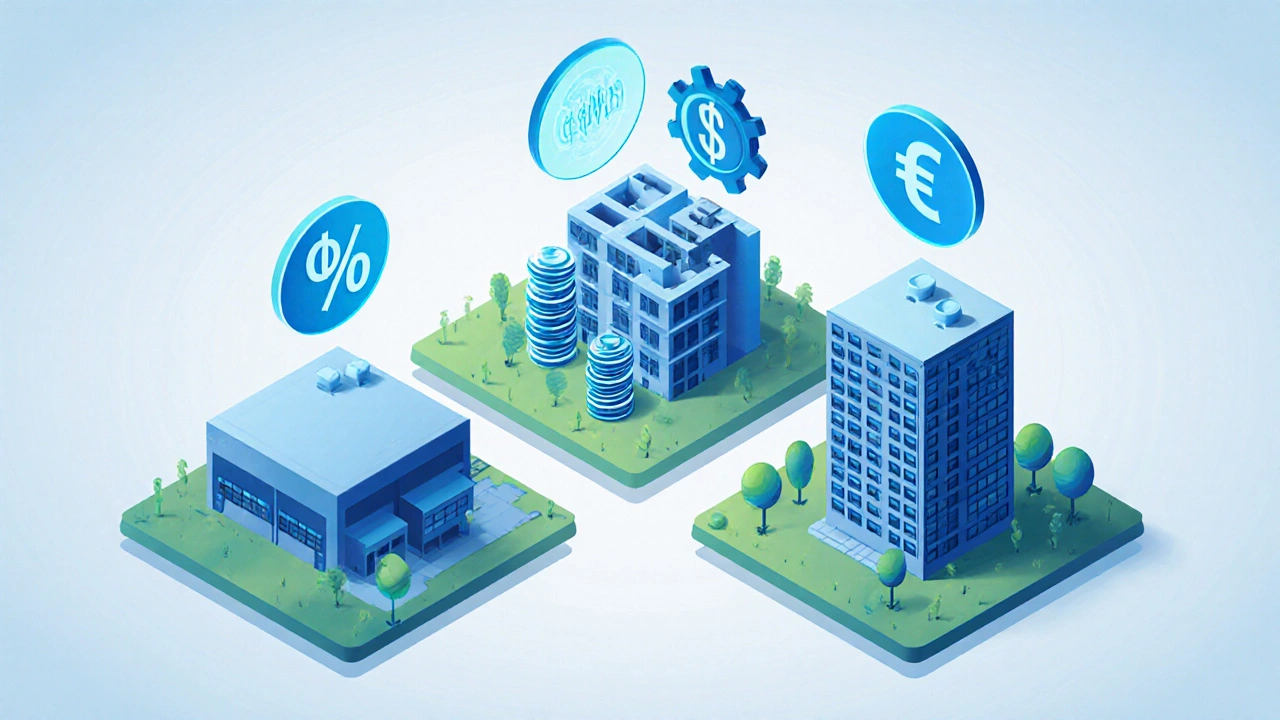Isometric view of warehouse, apartments, and data centre with income icons.