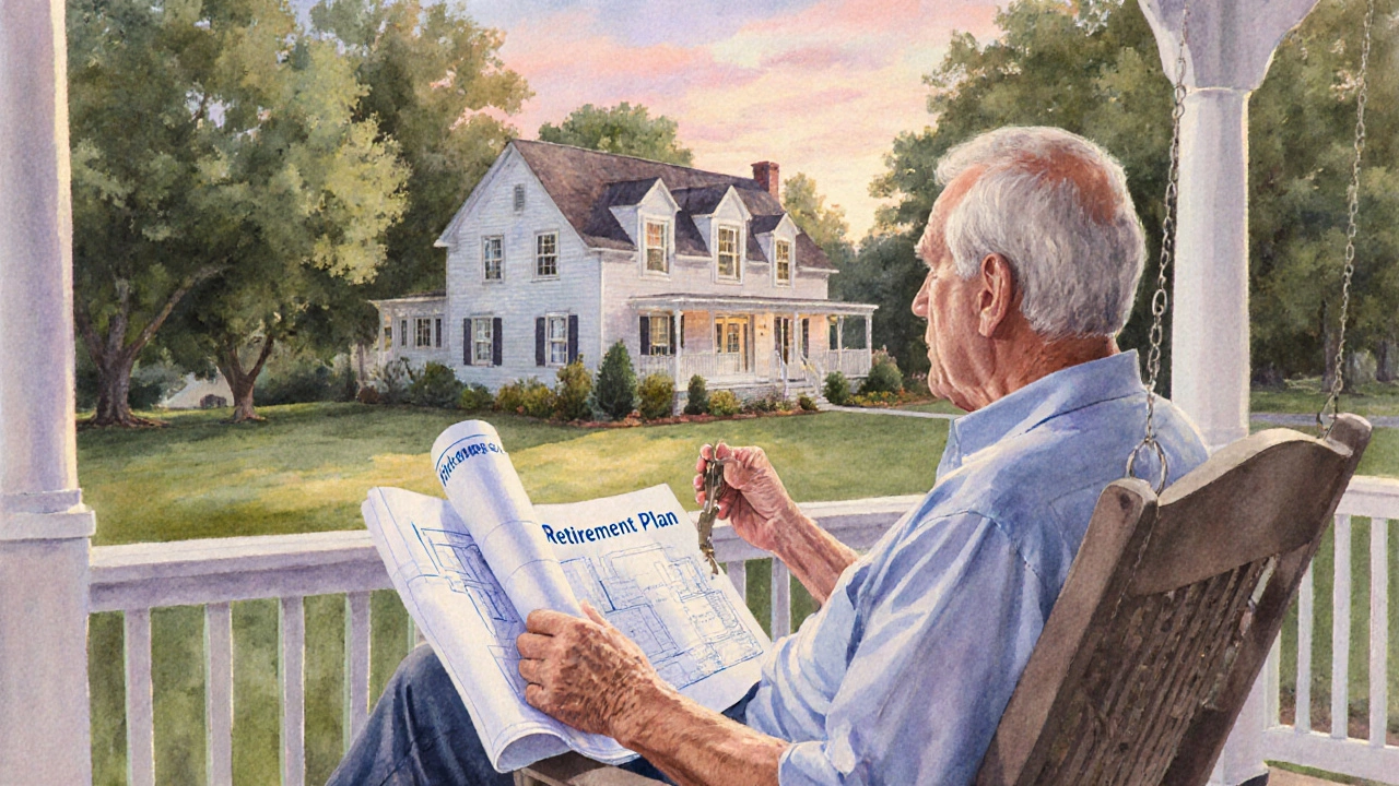Older person on a porch swing holding a key and blueprint, overlooking a home at dusk.