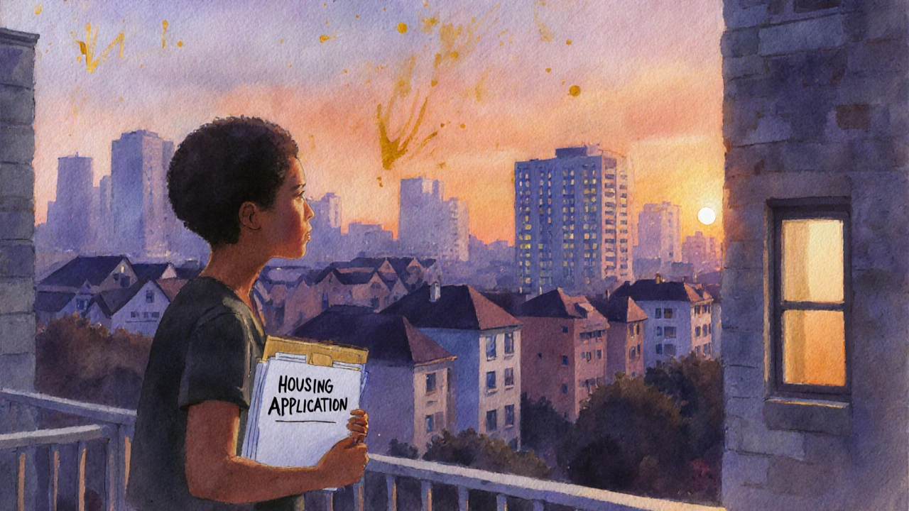 Person on balcony at dusk holding a housing application folder, looking toward hopeful light.