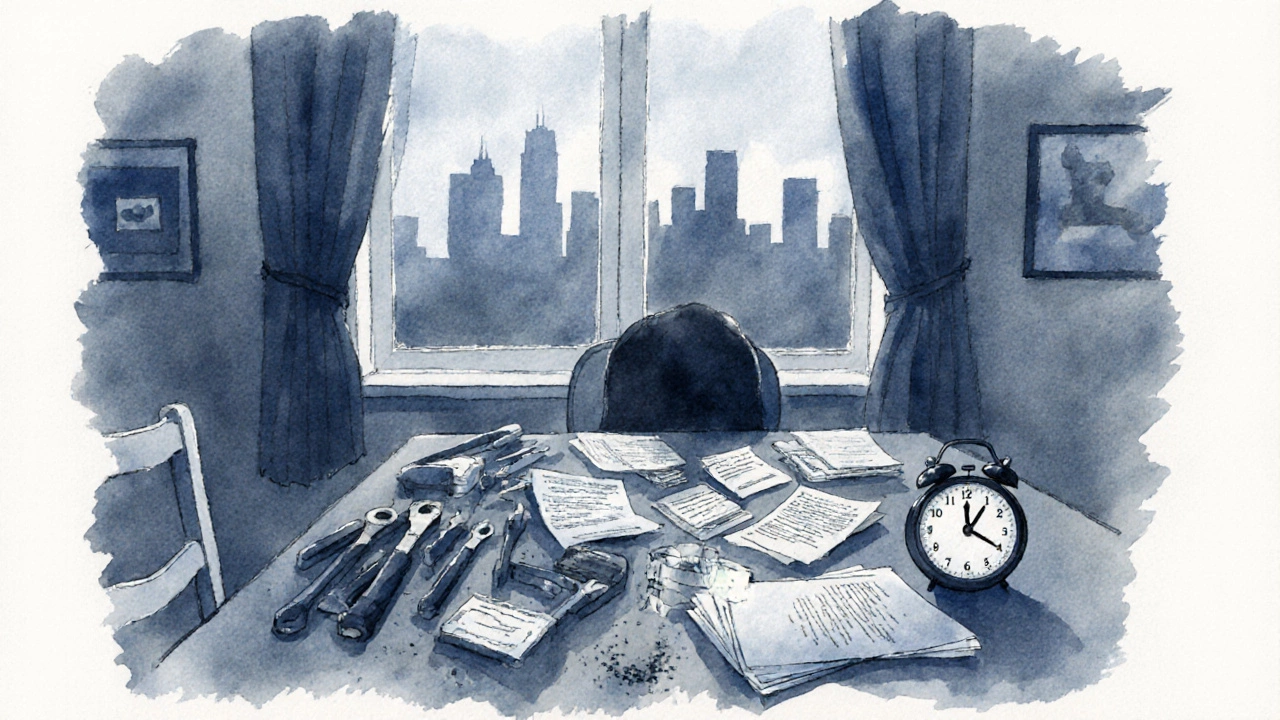 Person surrounded by bills, tools, and a clock at a kitchen table, conveying stress of owning a home.