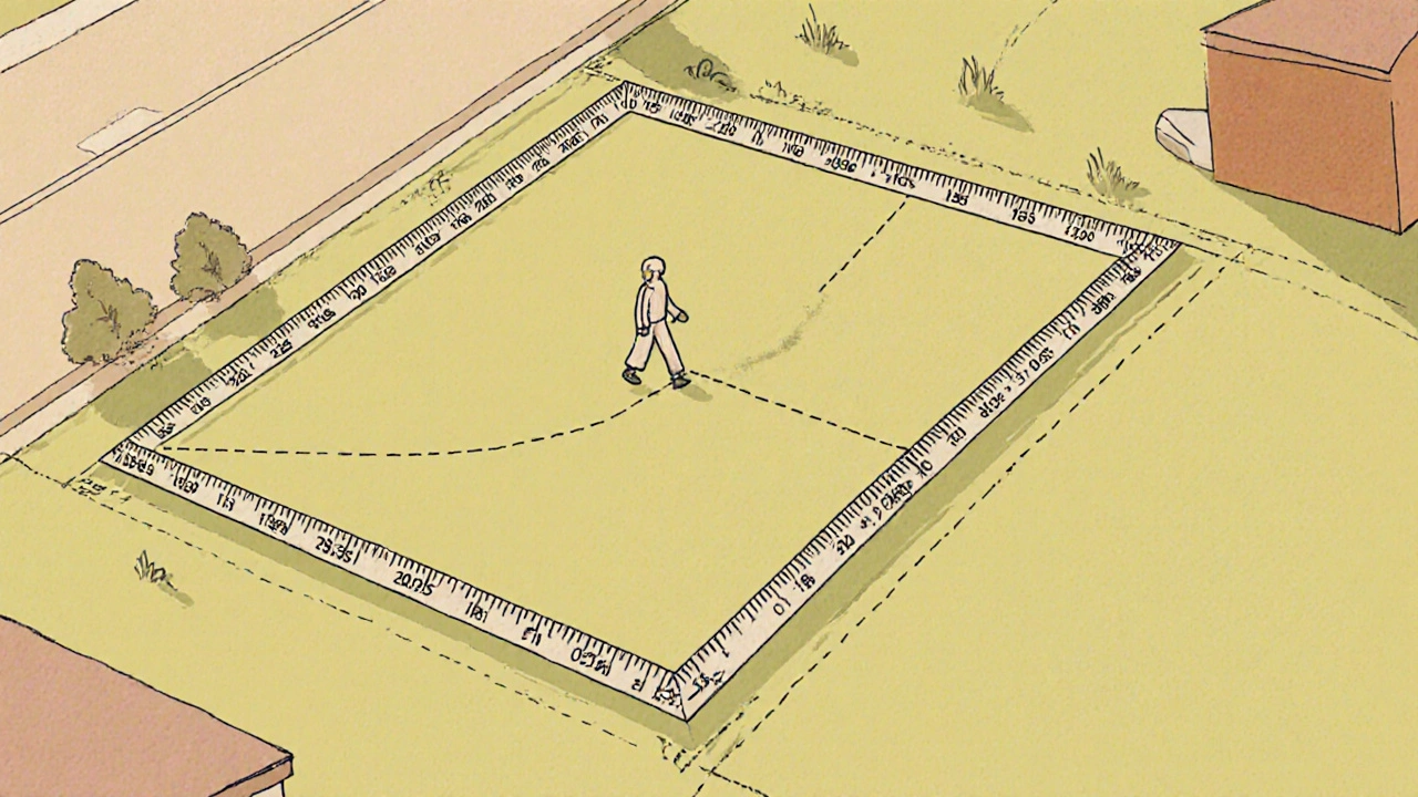 Person walking the 208.7‑ft side of a square acre, illustrating perimeter distance.