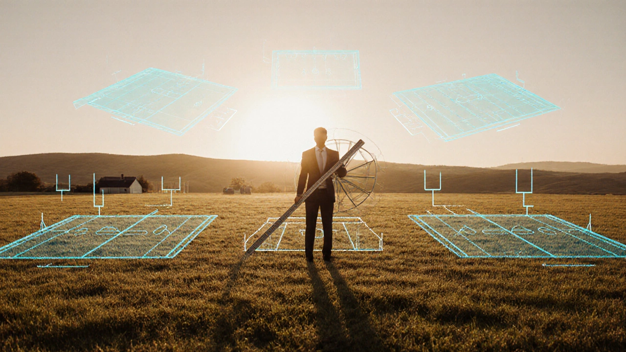 Real‑estate agent on a field with translucent football field silhouettes showing land conversion.