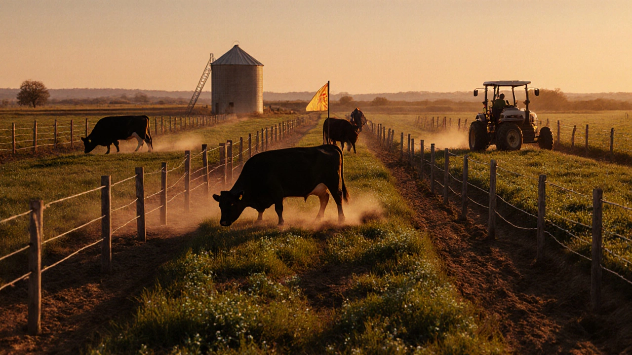 Rotational grazing scene with cattle moving between paddocks on a thriving 40‑acre farm at dusk.