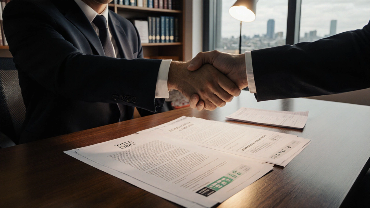 Solicitor&#039;s office with documents and handshake between seller and buyer.