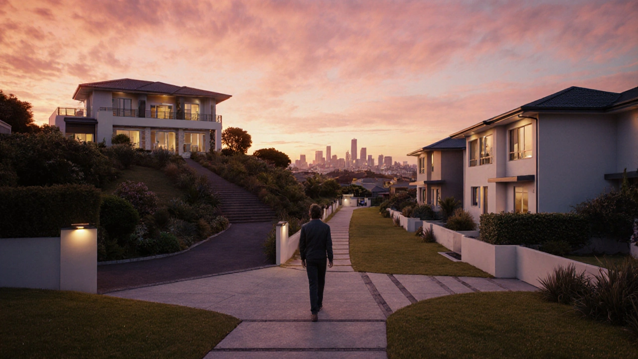 Sunset matte painting of a buyer at a crossroads between a villa and a townhouse.