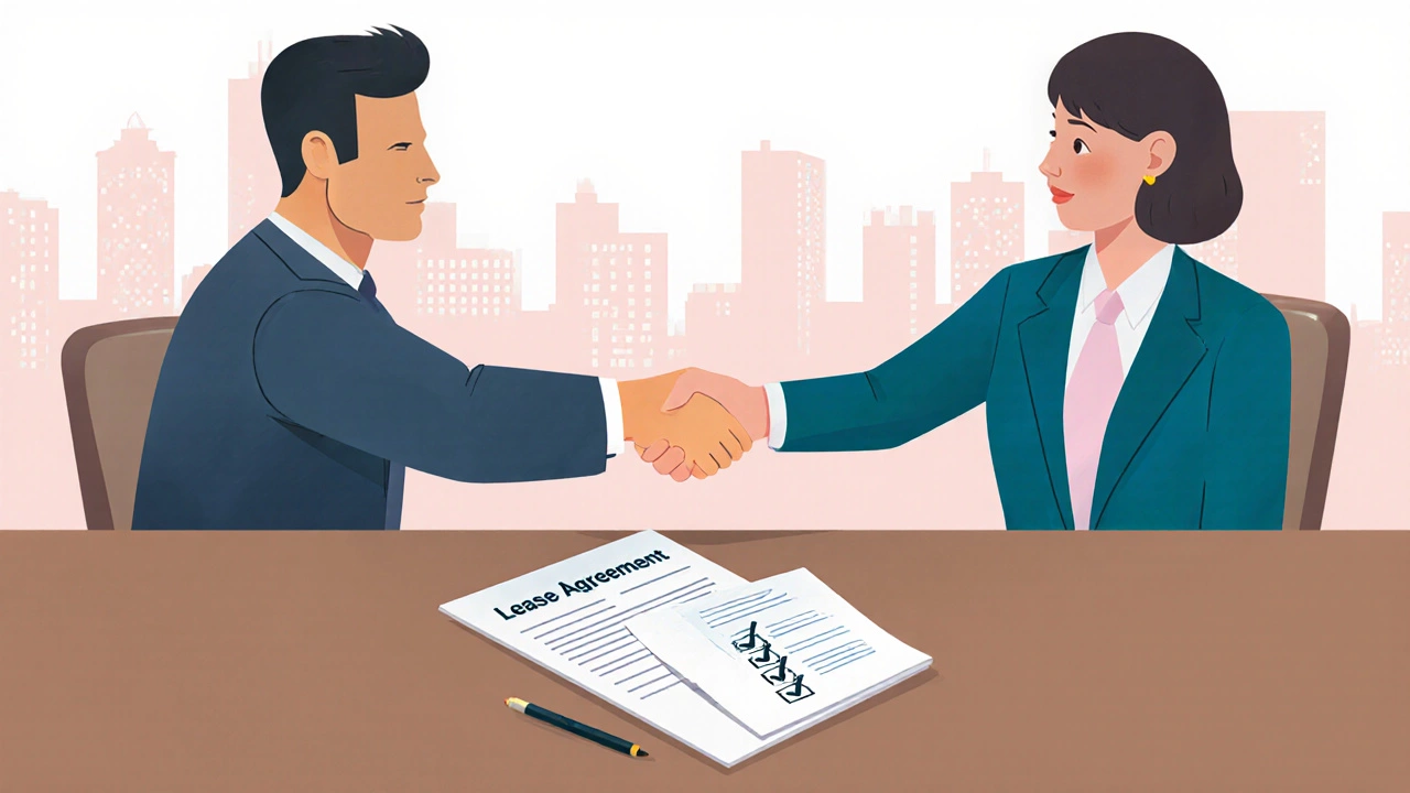 Tenant and landlord signing lease, with HUD symbol and city skyline in the background.