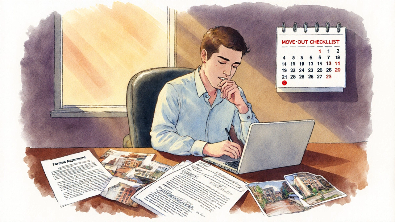 Tenant drafting a demand letter at a desk surrounded by lease, photos, and a calendar.