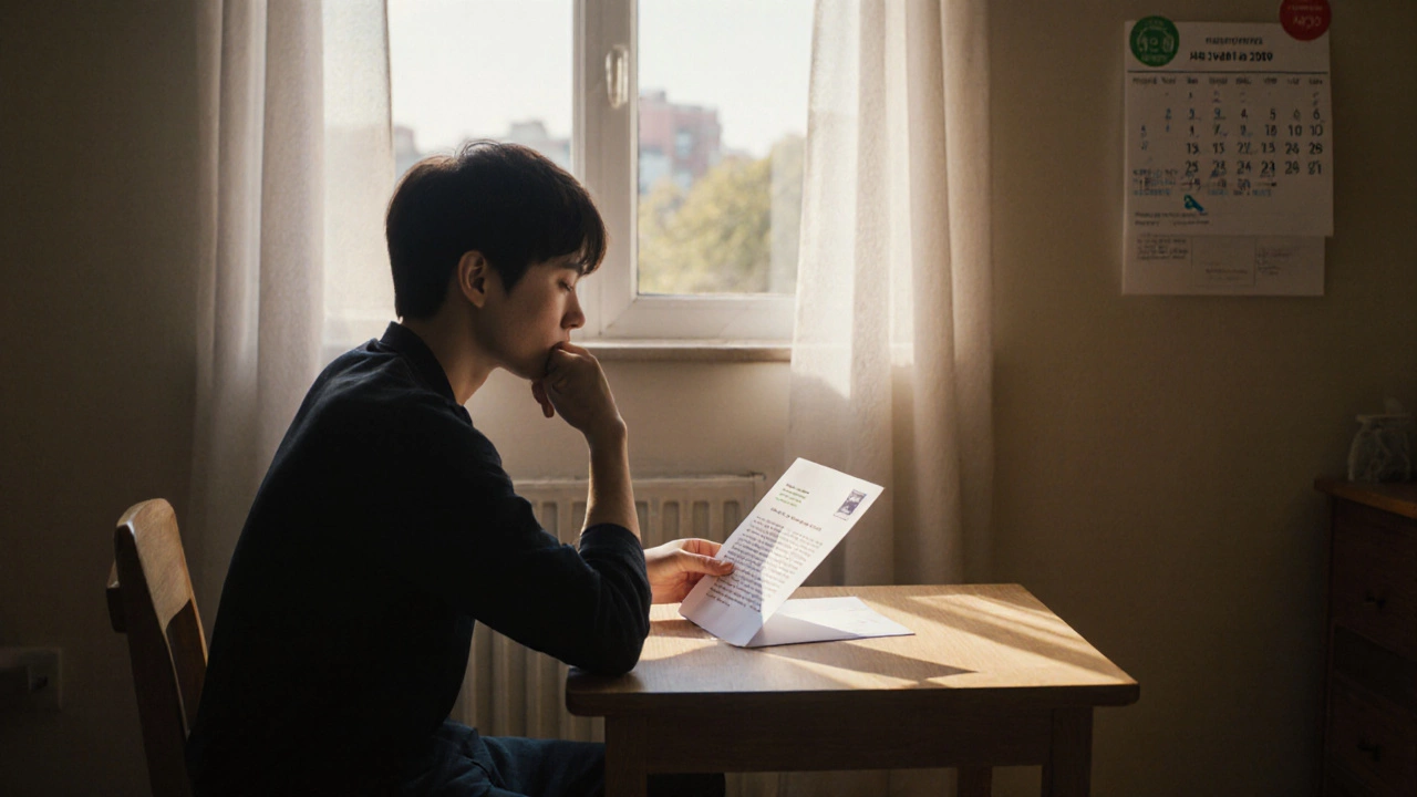 Tenant opening a rent‑increase notice in an apartment, with calendar showing a 30‑day period.