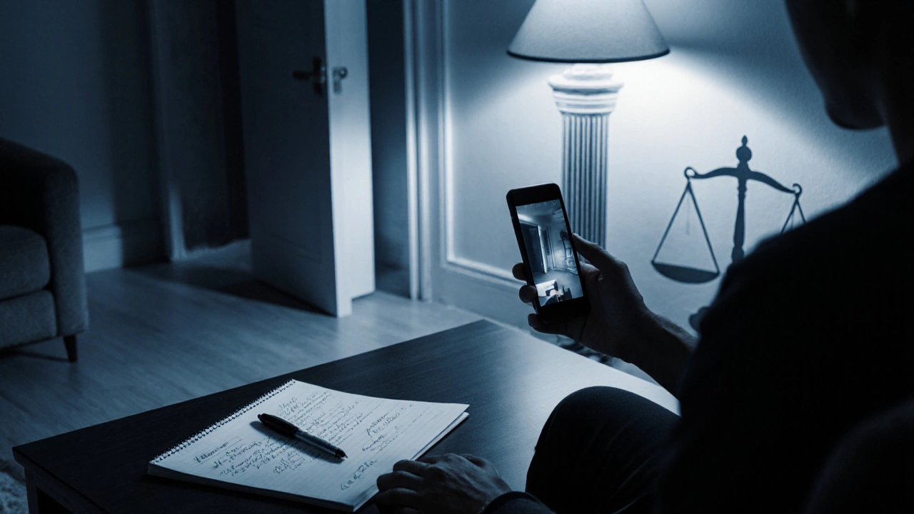 Tenant photographing an open door and writing notes, with subtle legal symbols in the background.