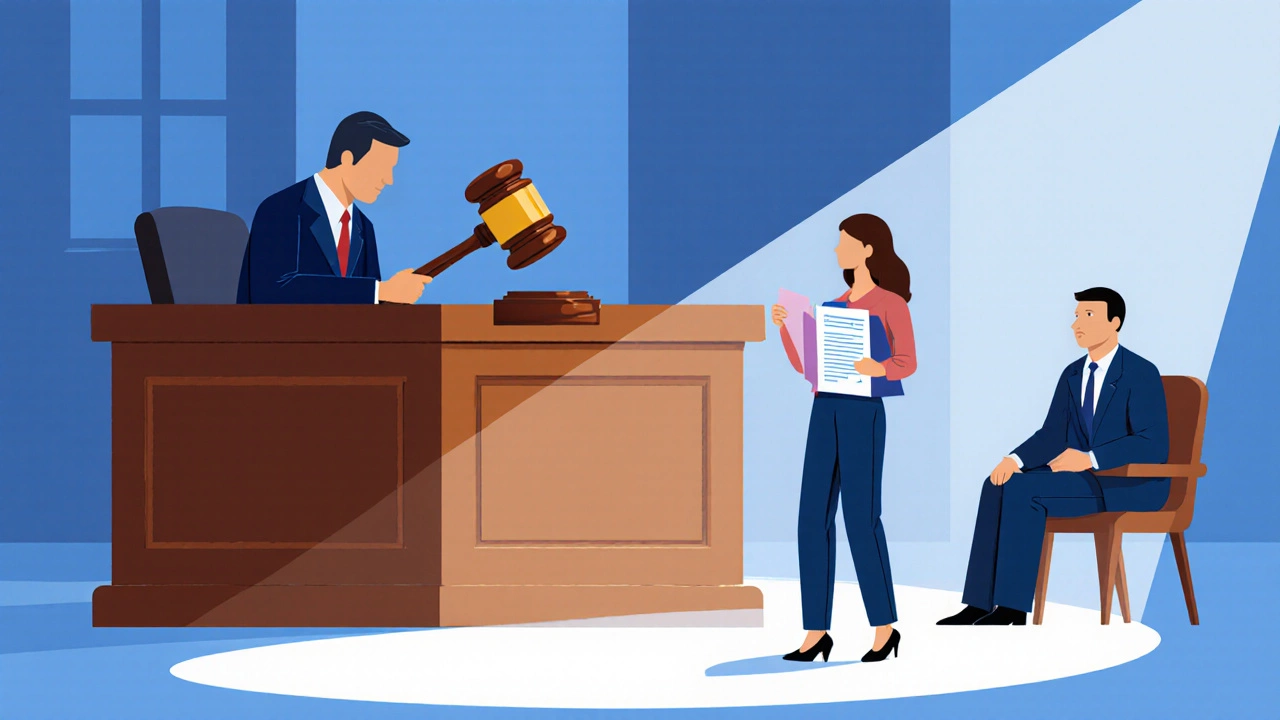 Tenant presenting evidence before a judge in a small claims courtroom.
