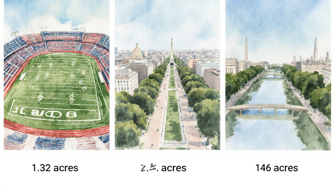 Watercolor collage of a football field, city block, and National Mall representing acre sizes.