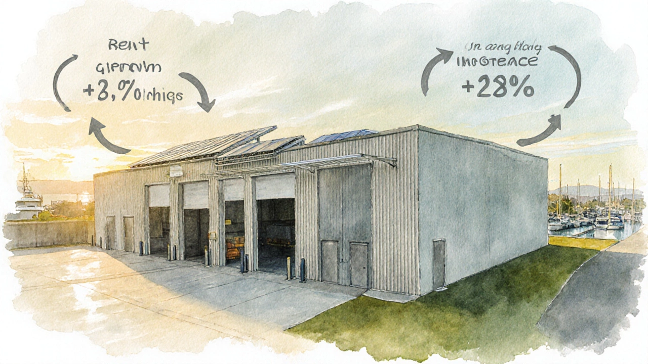 Watercolor of an Auckland warehouse with arrows showing rent and vacancy changes.