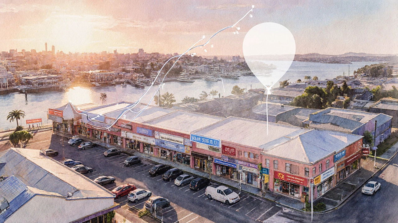 Watercolor of Auckland retail centre with sunrise light and a faint payoff curve.