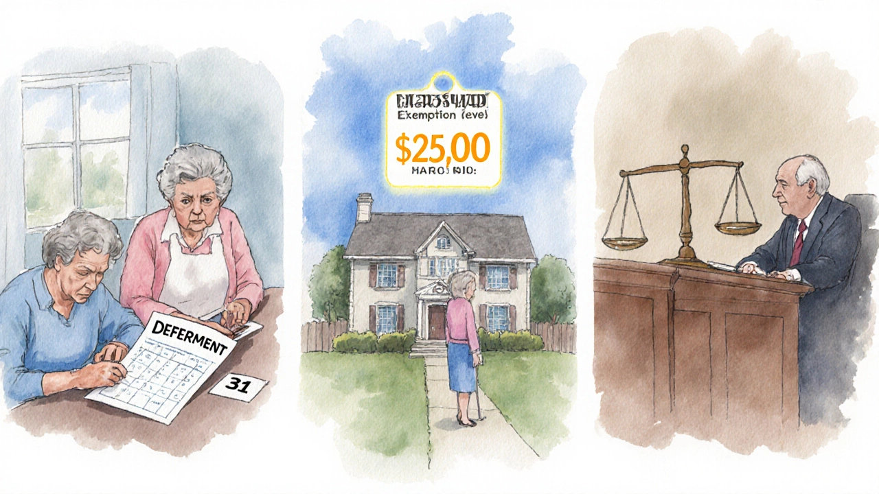 Watercolor of seniors exploring deferment, homestead, and court exemption options.