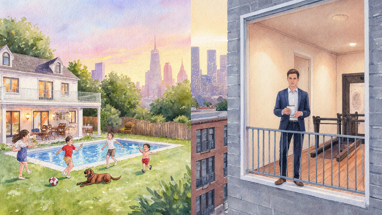 Watercolor scene of a family barbecuing at a villa and a professional on a townhouse balcony.