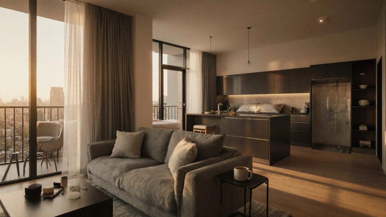 Well‑balanced 2BHK interior with living room, kitchen island, bedrooms, bathroom, and balcony.