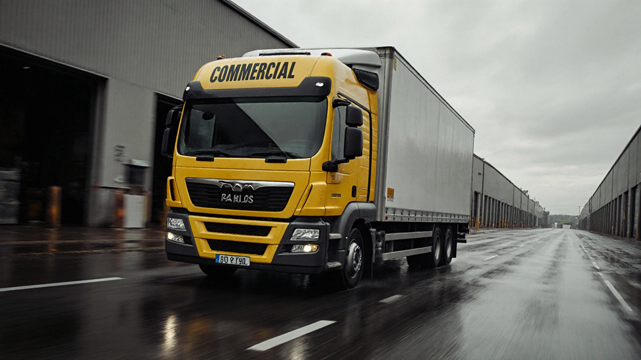 Yellow commercial license plate with black text on a delivery truck driving on a rainy street.