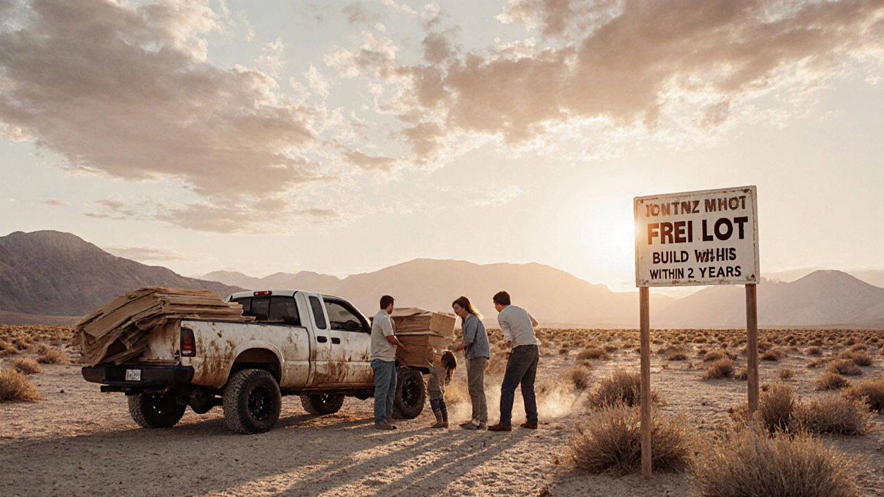 A family unloading building supplies on barren Utah land with a &#039;Free Lot&#039; sign, mountains in the distance.