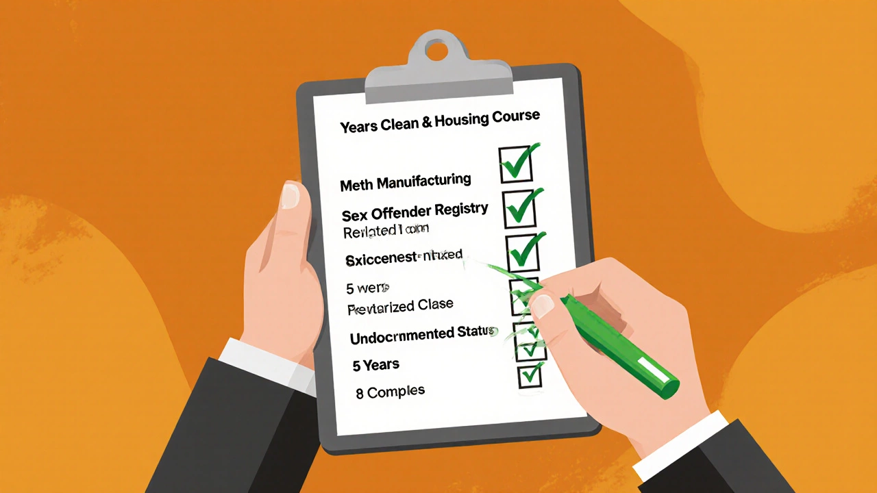 A hand crosses out disqualifying records while a green checkmark appears for rehabilitation.