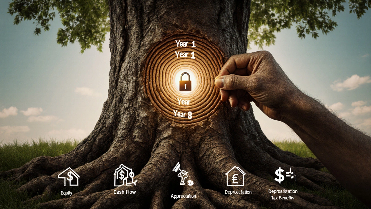 A hand placing a key into a tree trunk with rings labeled by years, showing growth from down payment to equity.