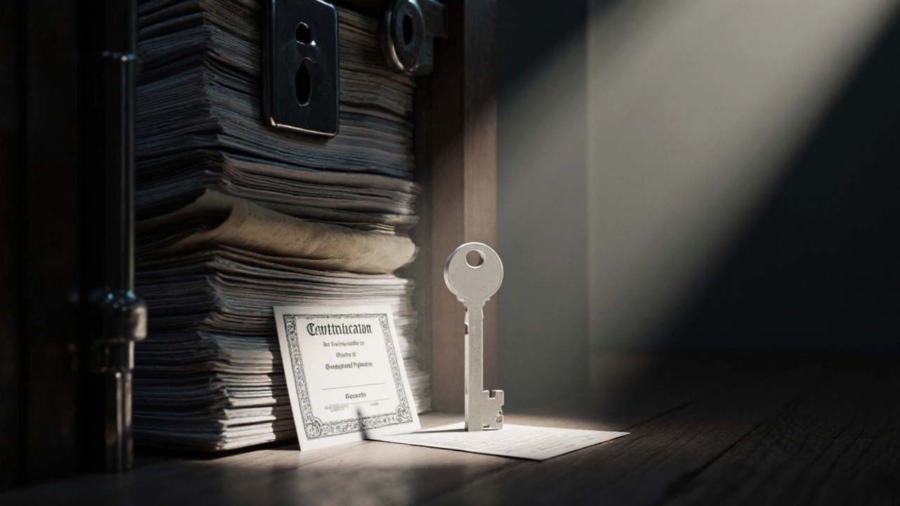 A locked door made of legal papers, with a key shaped like certificates beside it.