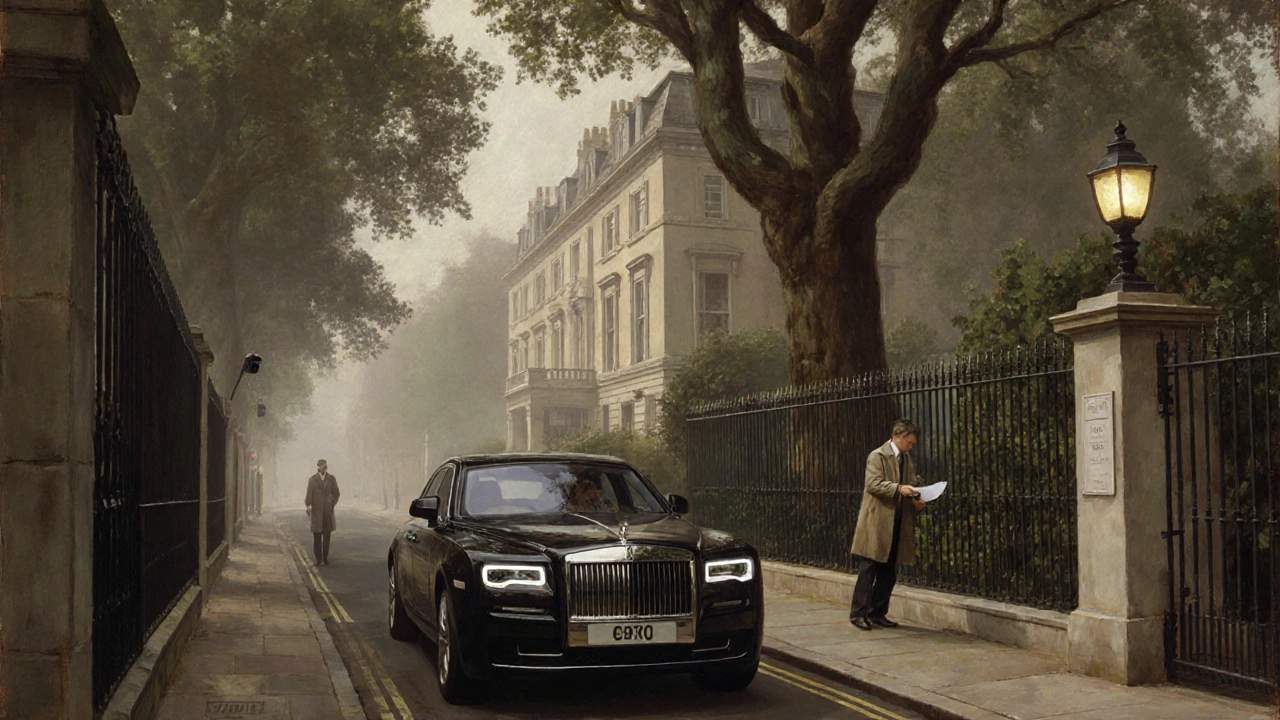 An exclusive London mansion in Hampstead with no street number, hidden behind gates and trees.