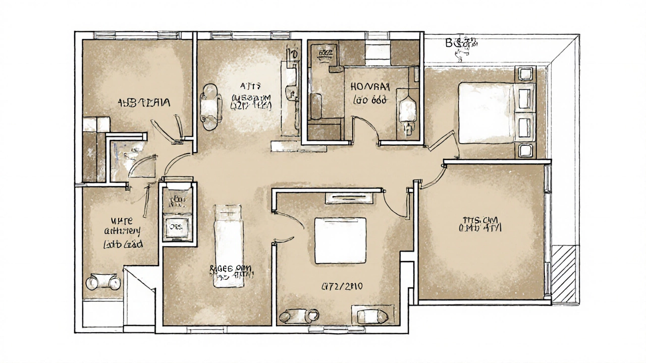 Architectural layout of a T5 apartment showing five habitable rooms with natural light flow