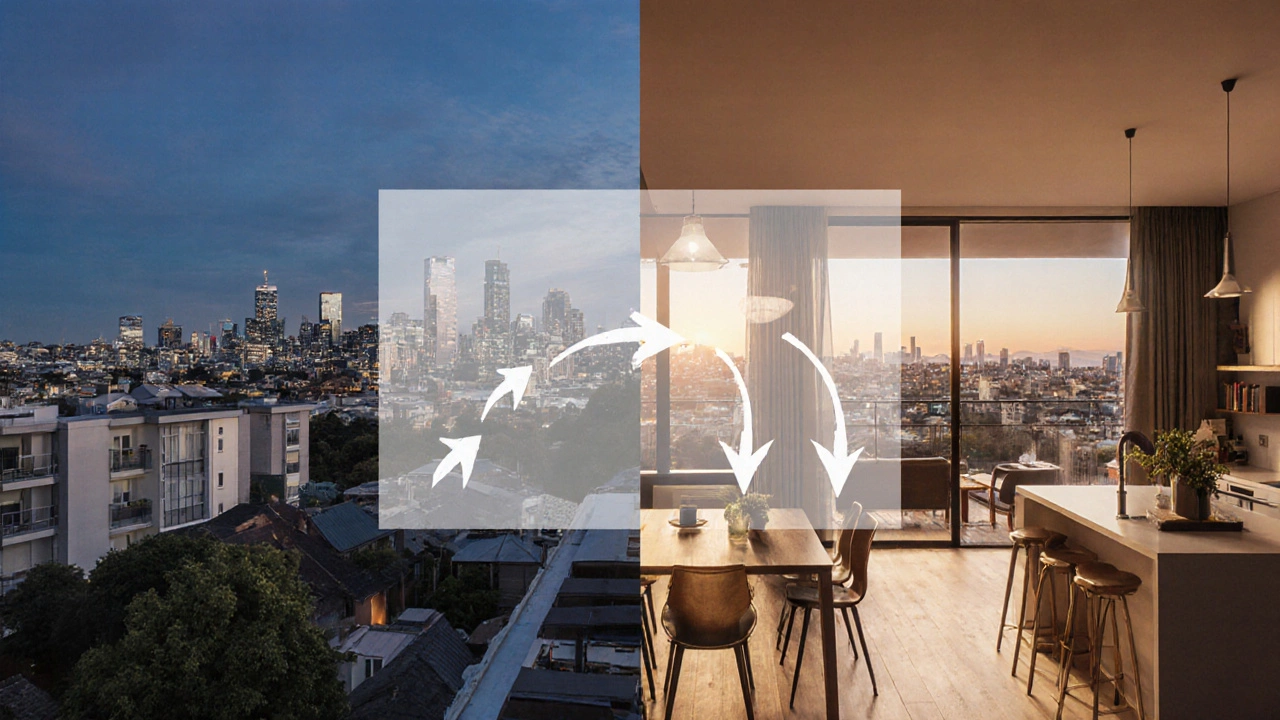 Comparison of traditional 2BHK and modern LDK layouts with light flow arrows against Auckland skyline.