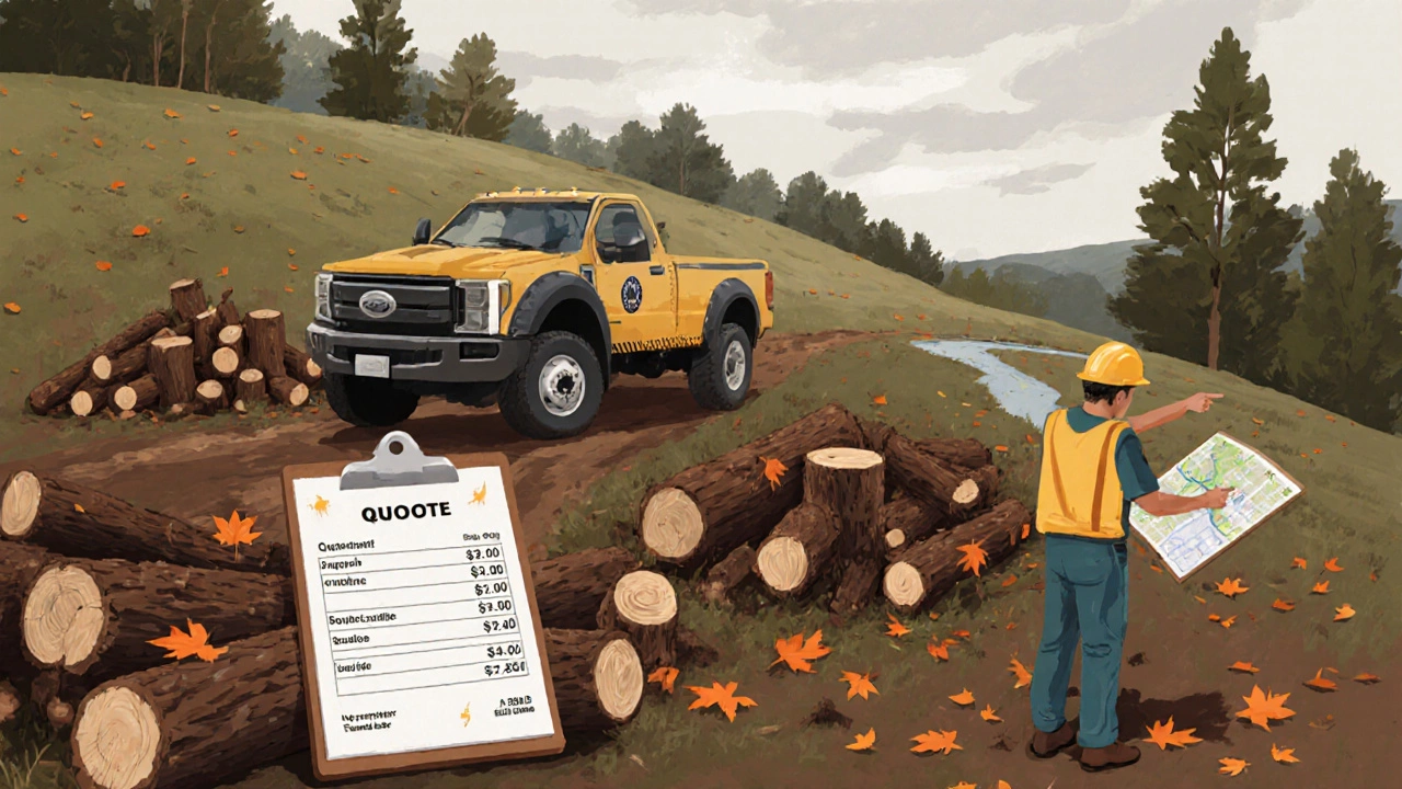 Contractor pointing at a map beside a pile of logs and stumps near a protected stream buffer on cleared land.