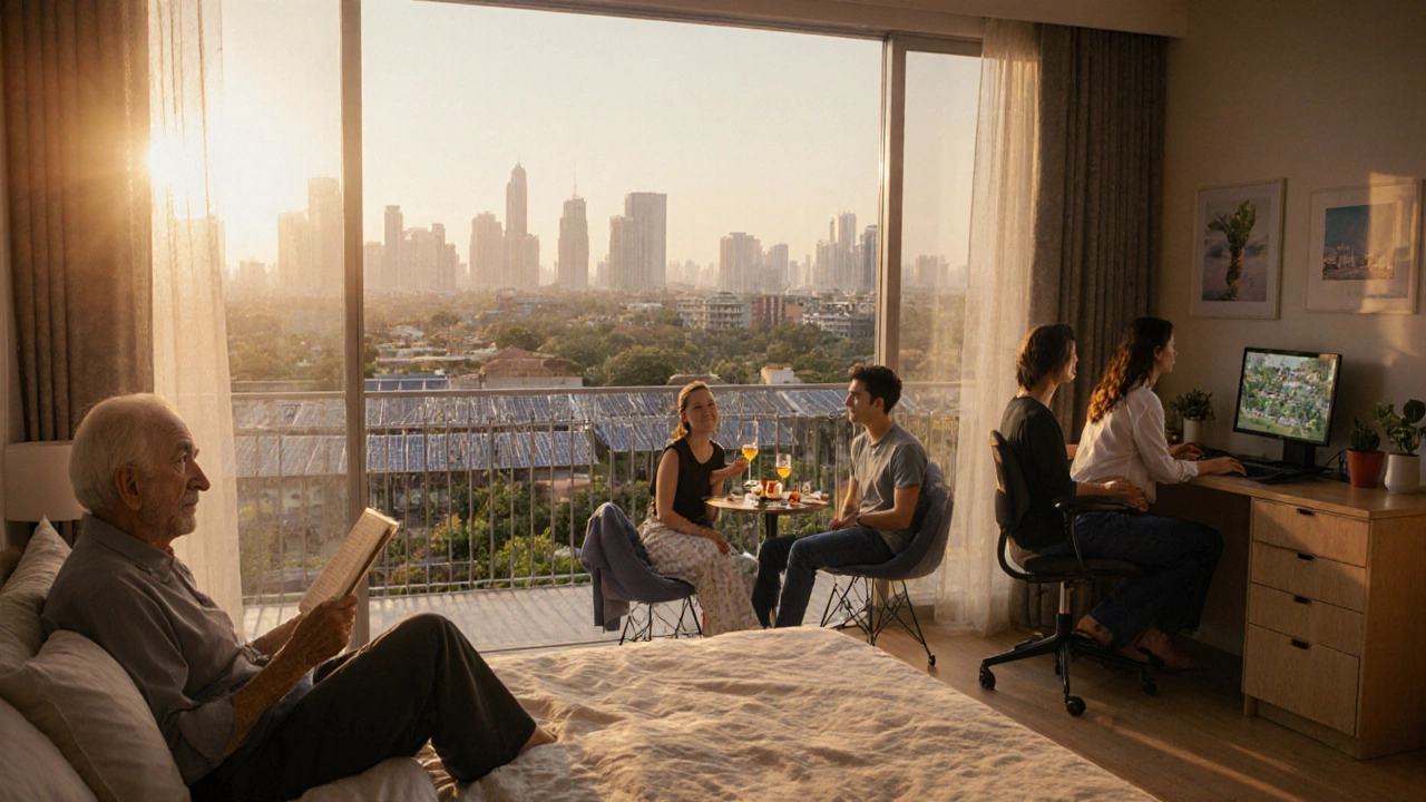 Diverse residents enjoying life in a 2BHK apartment with city view and green features