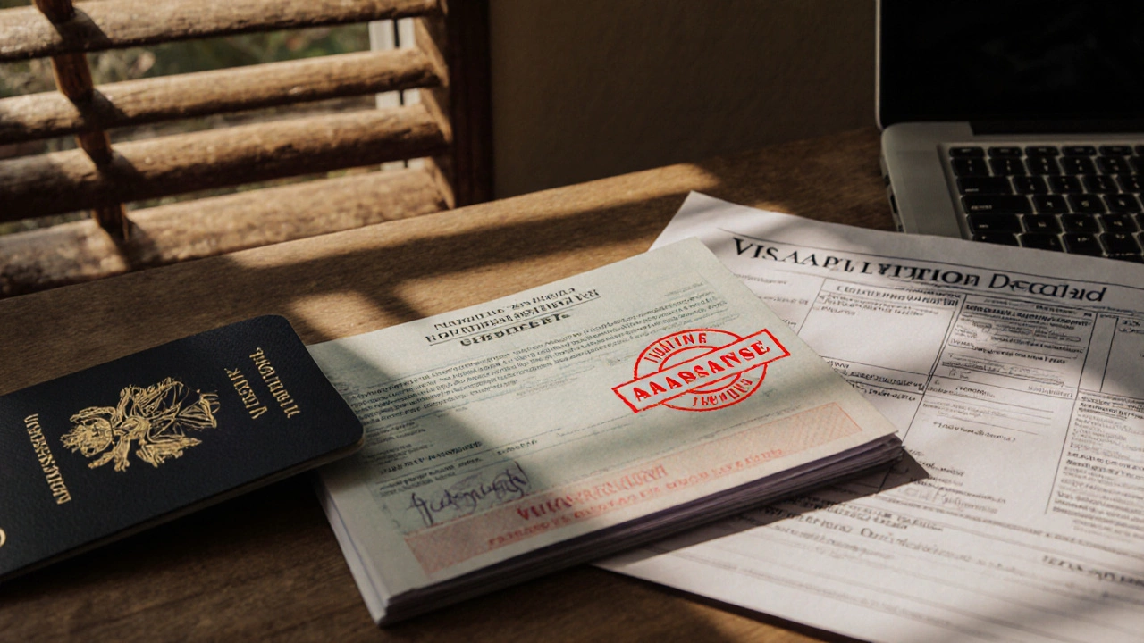Expired Thai visa next to villa deed on wooden table with legal documents.