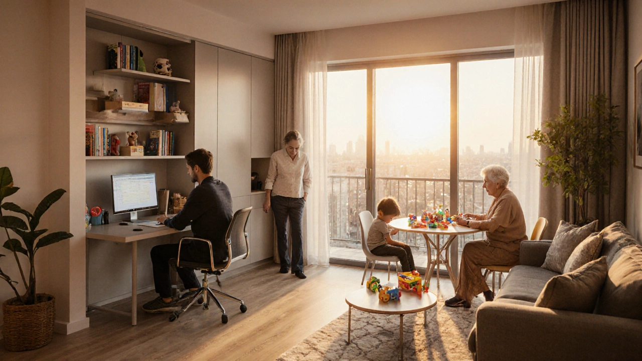 Family living in a T5 apartment with parents working, children playing, and grandmother dining