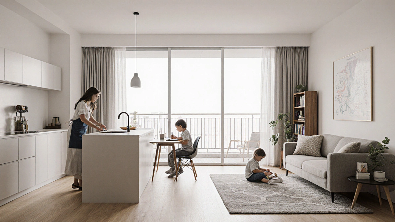 Family together in an LDK space: parent cooking, child at table, another playing on the floor.