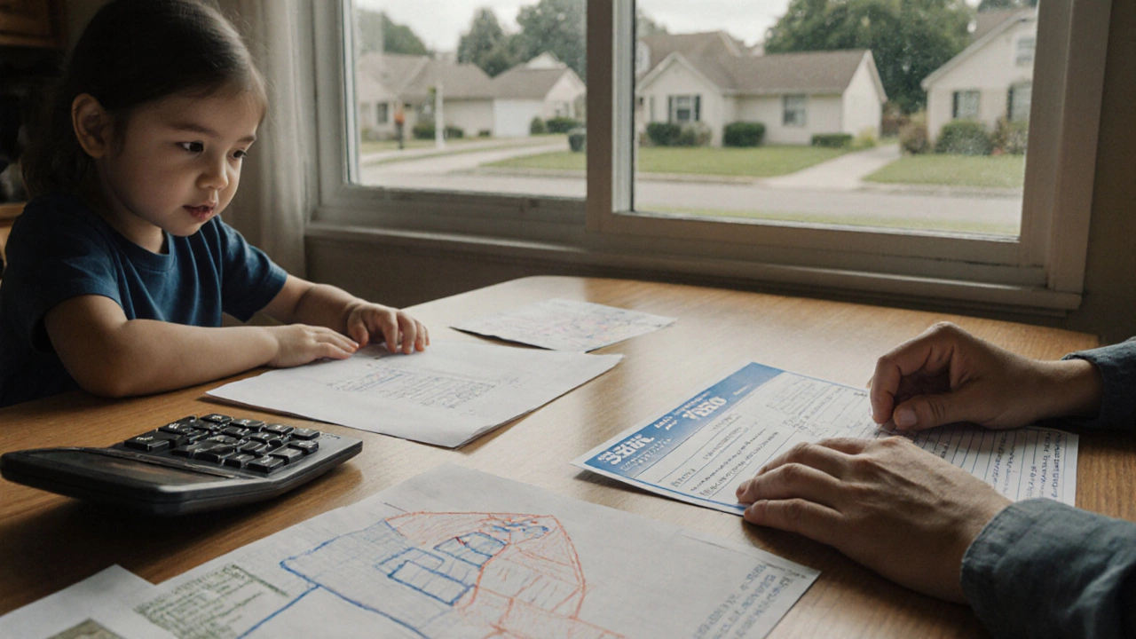 Hands placing rent check and voucher on a kitchen table with pay stubs and a child&#039;s drawing.